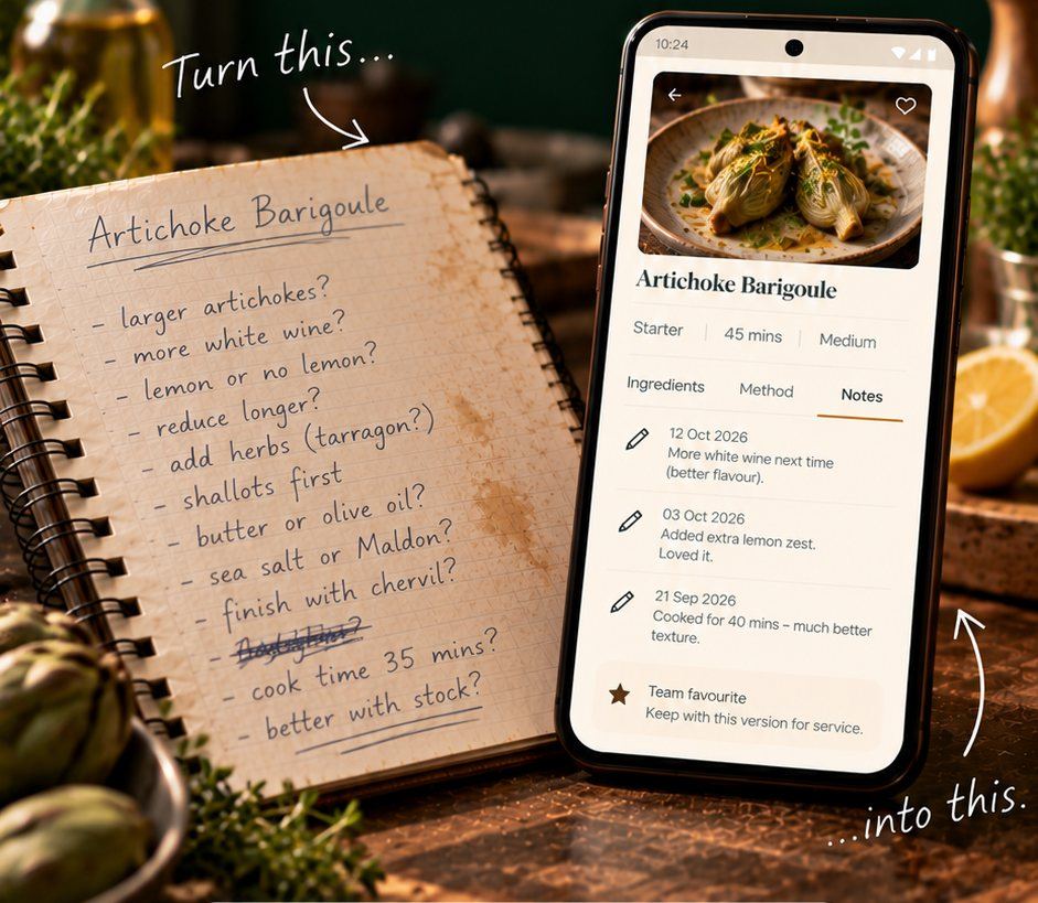 A chef's handwritten notebook next to the same recipe in the Mise app